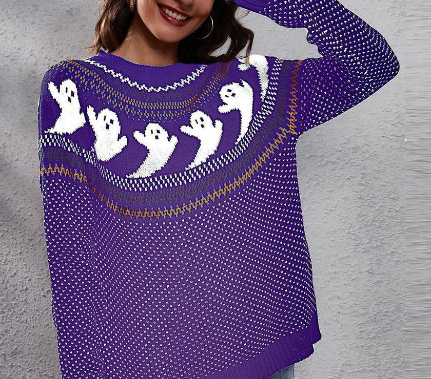 Ghost Pattern Round Neck Long Sleeve Sweater