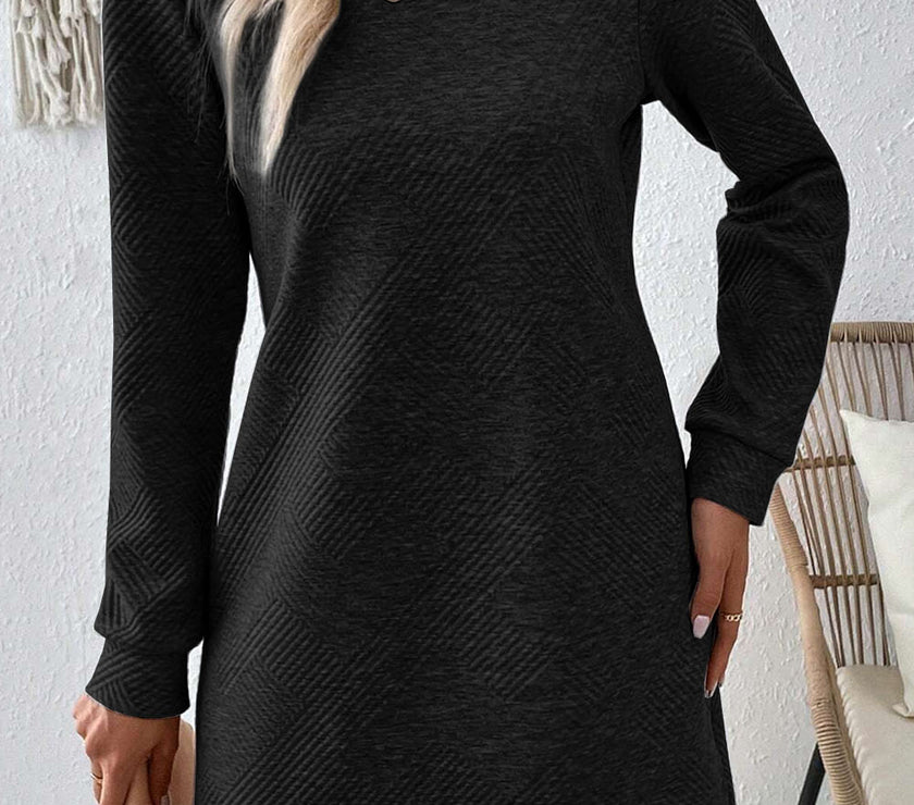 Textured Round Neck Long Sleeve Mini Dress
