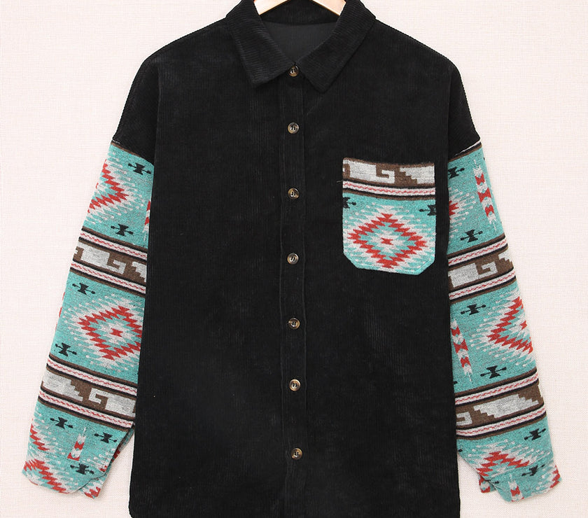 Pocketed Geometric Collared Neck Shacket