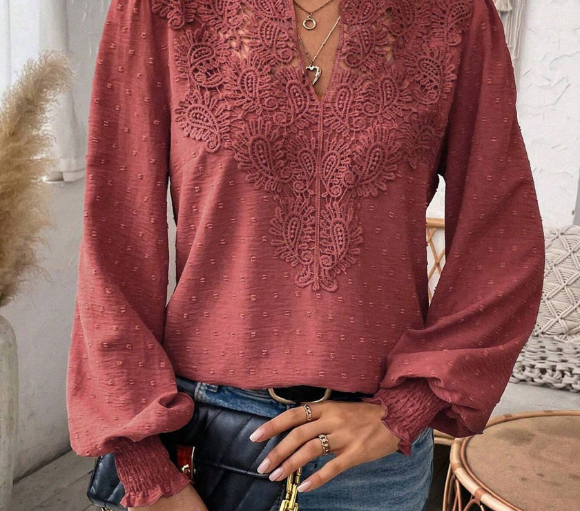 Swiss Dot Lace Detail Notched Long Sleeve Blouse