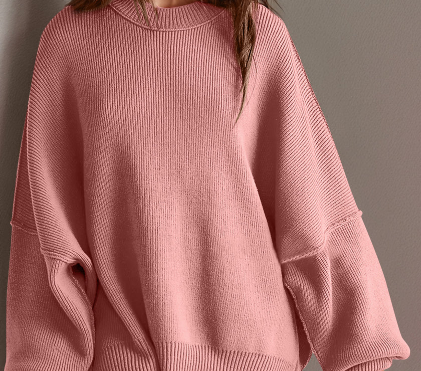 Double Take Side Slit Round Neck Long Sleeve Sweater