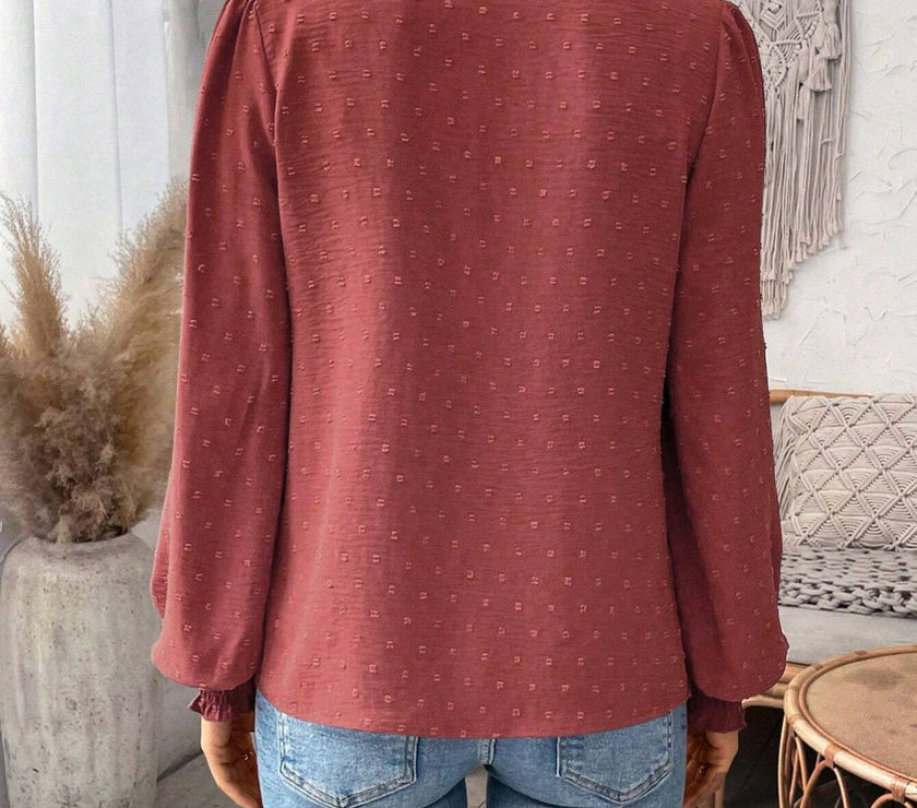 Swiss Dot Lace Detail Notched Long Sleeve Blouse