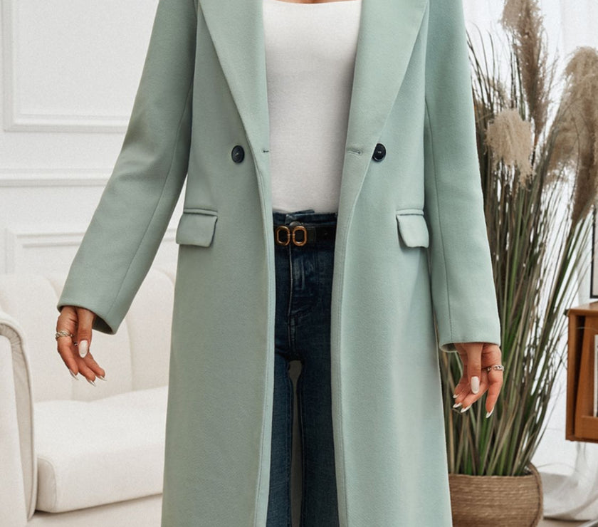 Devine Pocketed Collared Neck Long Sleeve Coat