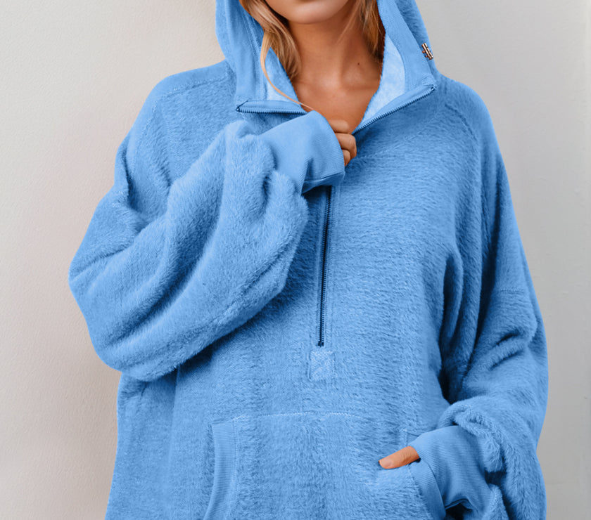 Double Take Half Zip Long Sleeve Hoodie with Kangaroo Pocket