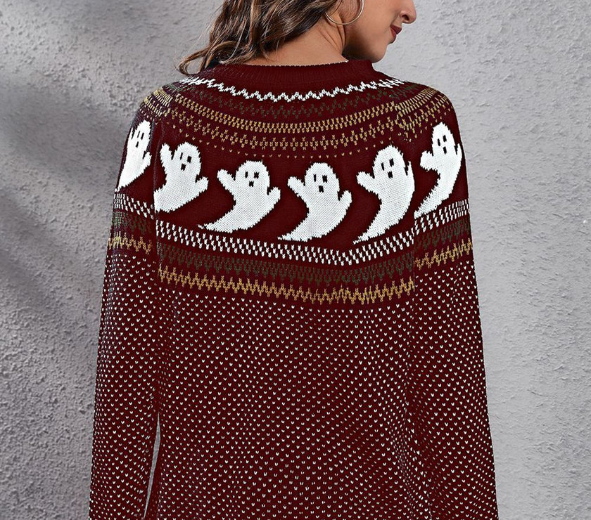 Ghost Pattern Round Neck Long Sleeve Sweater