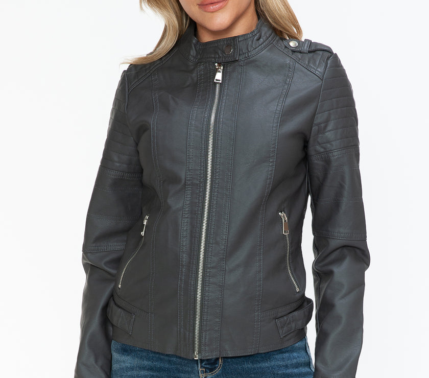 Snobbish PU Leather Biker Jacket with Side Zip Pockets