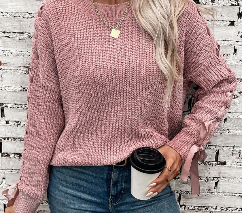 Lace Up Round Neck Long Sleeve Sweater