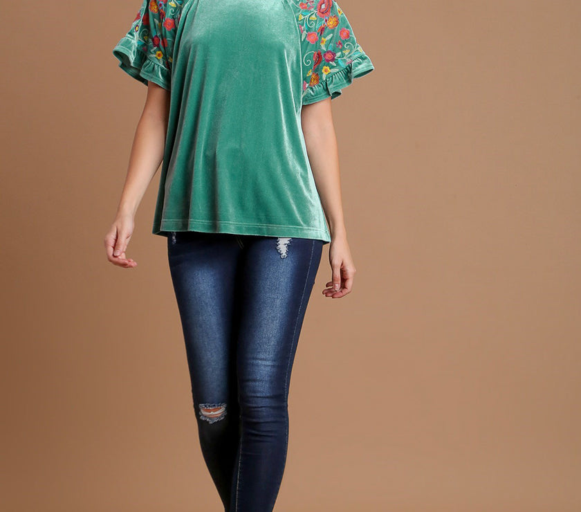 Umgee Velvet Embroidery Short Sleeve Blouse