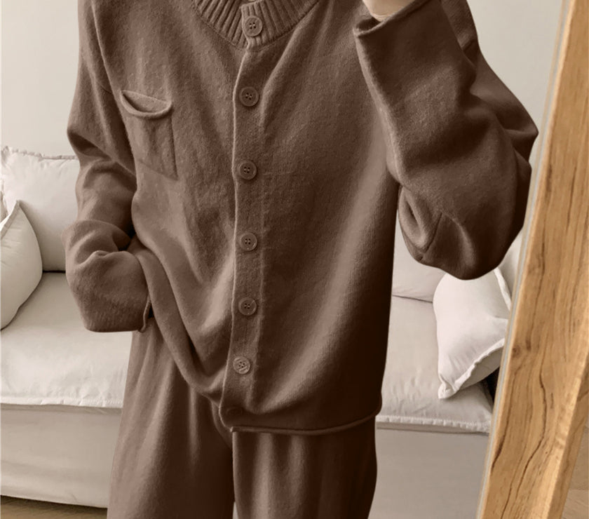 Pocketed Round Neck Button Up Cardigan and Pants Sweater Set