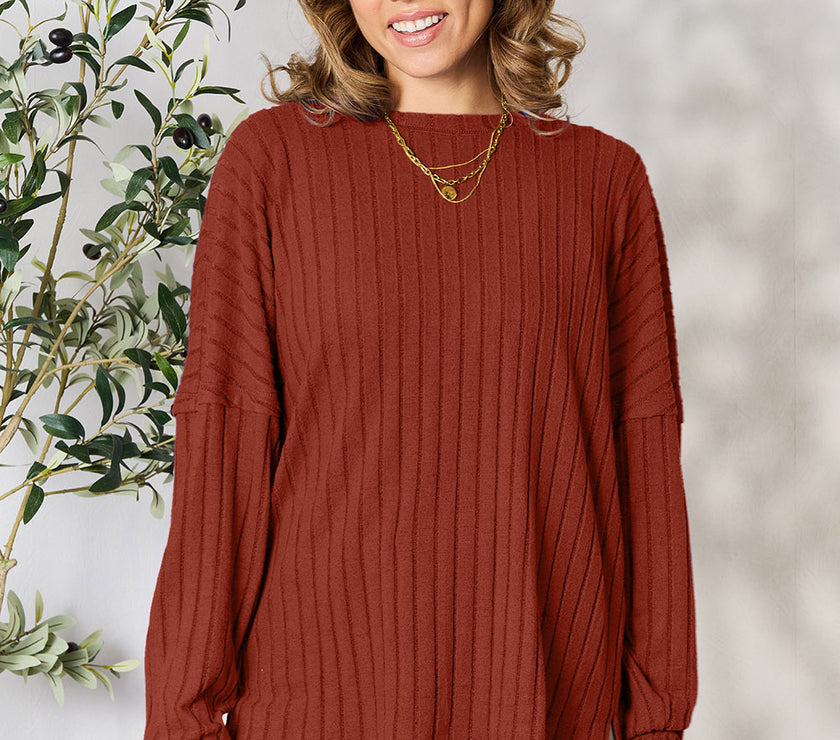 Basic Bae Full Size Ribbed Round Neck Slit Knit Top