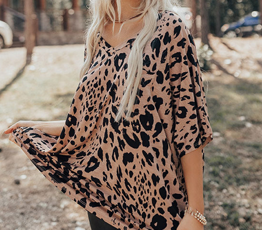 Brown Leopard Print V Neck Half Sleeve Oversized Tee