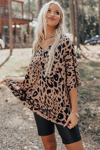 Brown Leopard Print V Neck Half Sleeve Oversized Tee