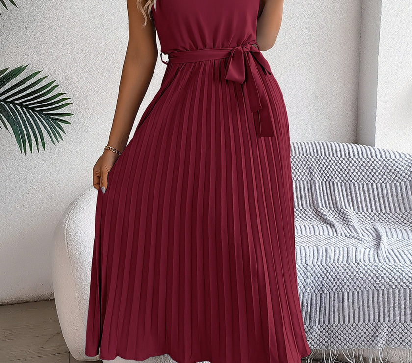Pleated Tie Waist Sleeveless Midi Dress