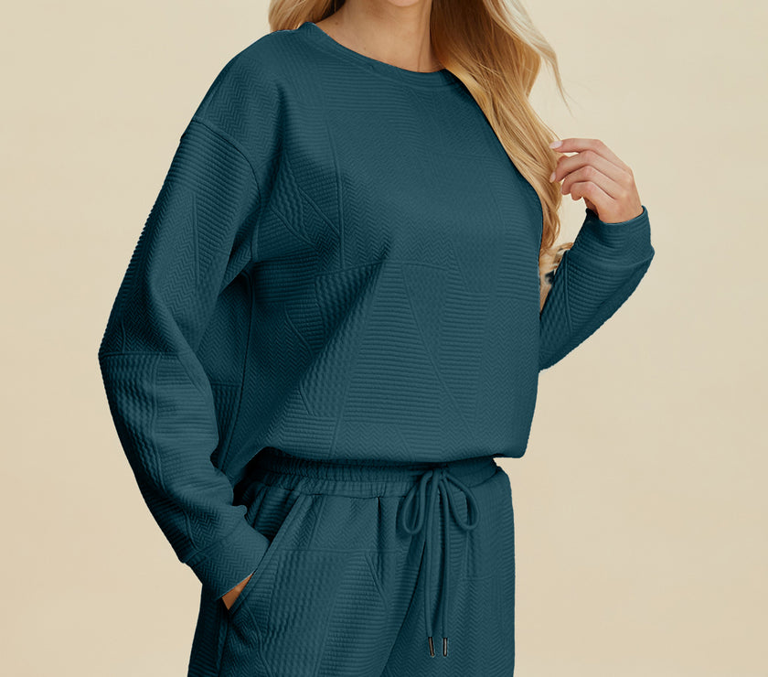 Double Take Full Size Texture Round Neck Long Sleeve Top and Shorts Set