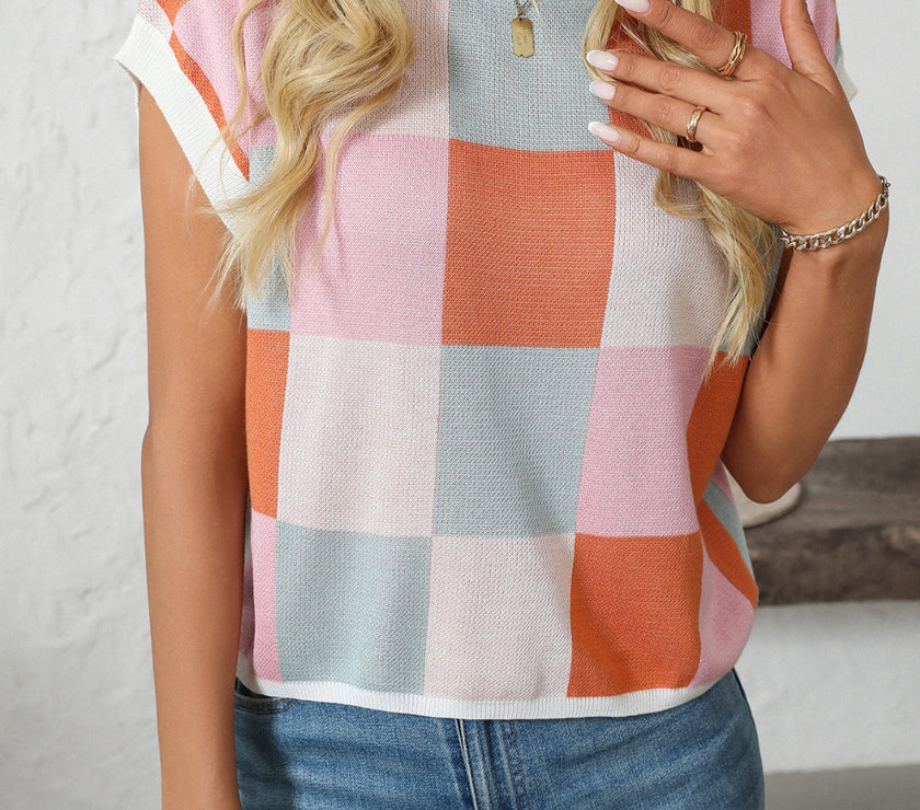 Mandy Checkered Round Neck Cap Sleeve Knit Top