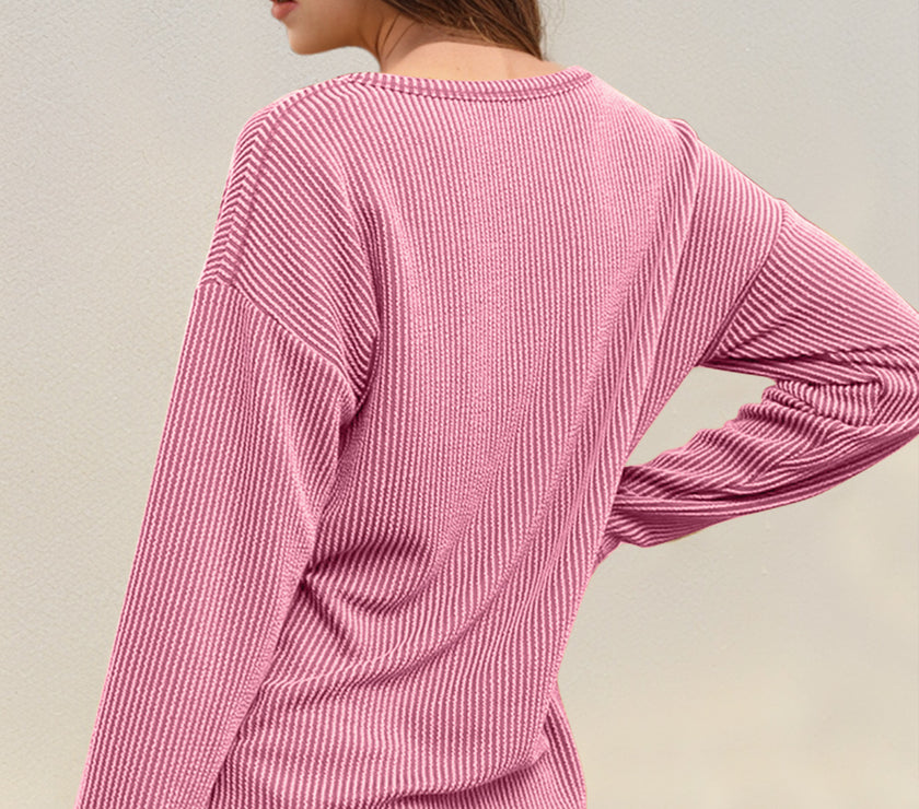 Double Take Striped Notched Long Sleeve T-Shirt