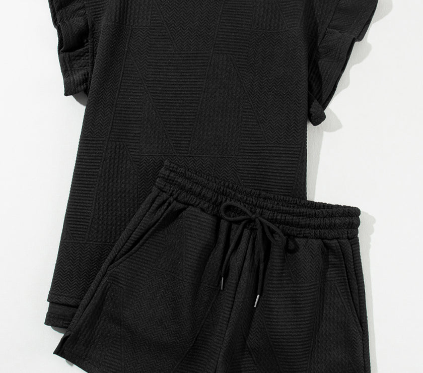 Black Textured Ruffle Split Top and Drawstring Shorts