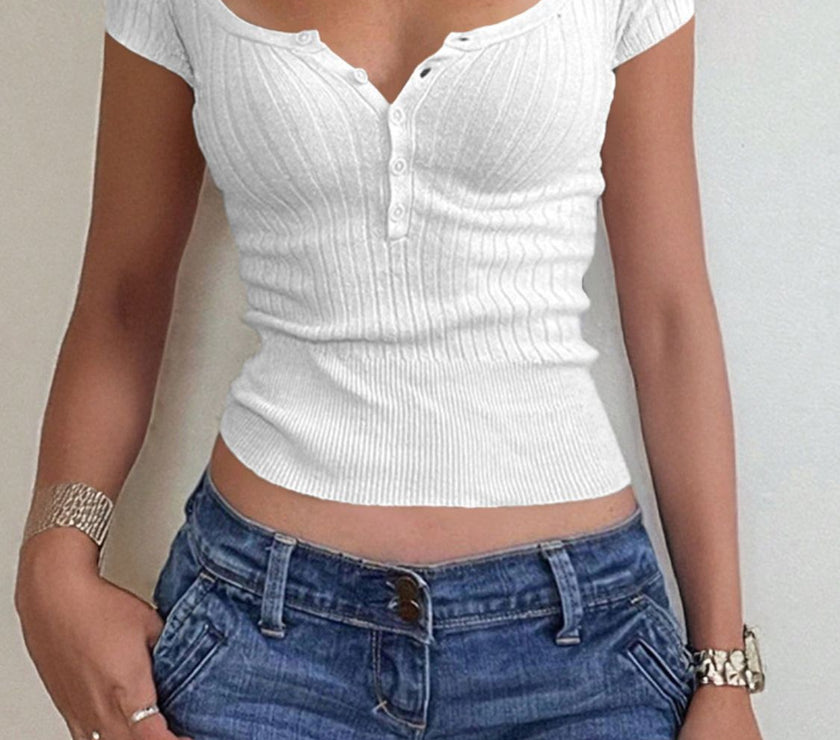 Half Button Scoop Neck Short Sleeve Knit Top
