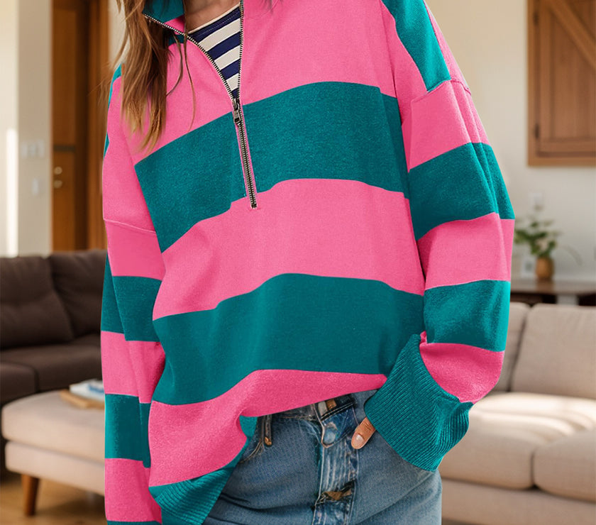 Color Block Half Zip Long Sleeve Sweater