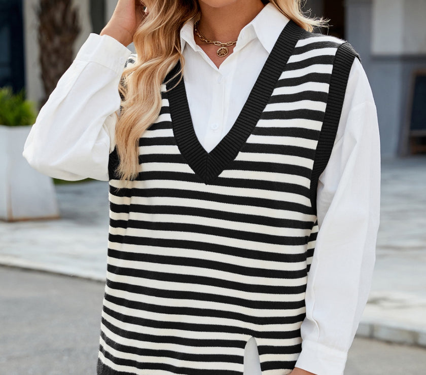 Slit V-Neck Striped Sweater Vest