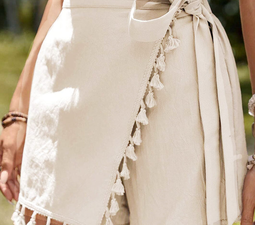 Apricot Tassel Trim Wrap Knot Side Bohemian Style Mini Skort