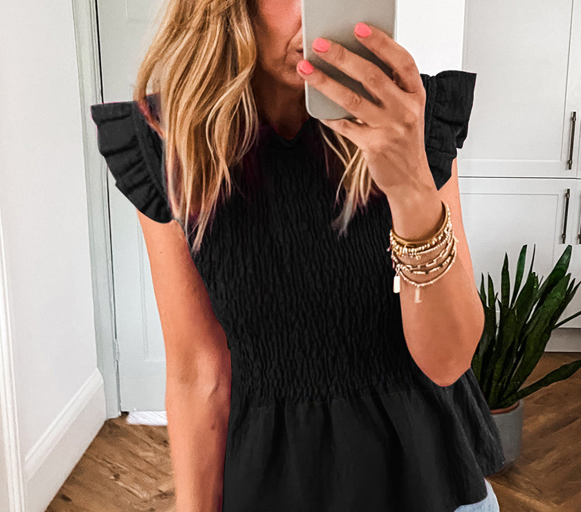 Black Ruffle Short Sleeve Shirred Peplum Top