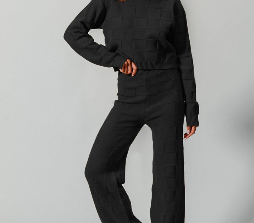 Double Take Full Size Checkered Round Neck Top and Pants Set