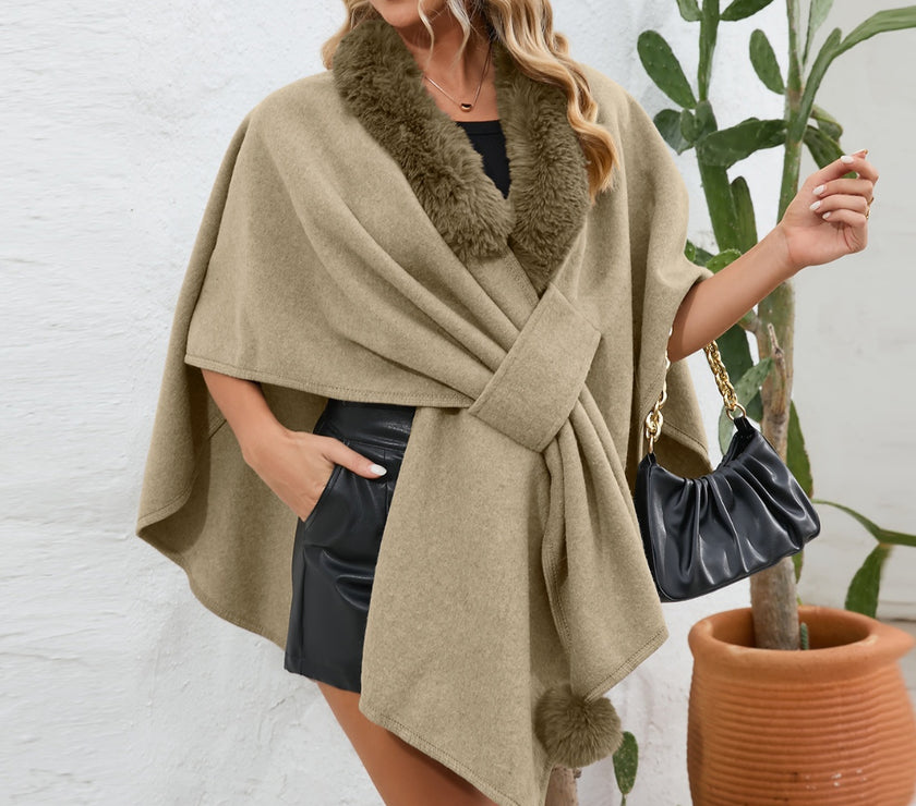 Fuzzy Trim Open Front Poncho