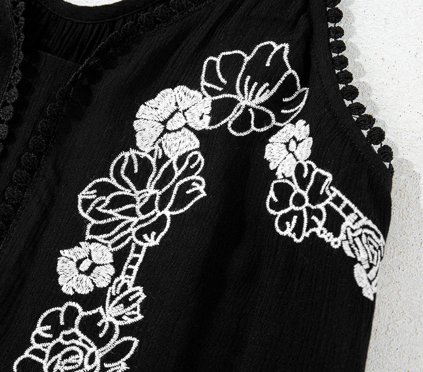Black Floral Embroidery Ruffled Spaghetti Straps Tank Top