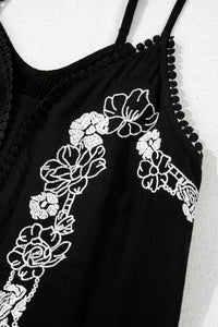 Black Floral Embroidery Ruffled Spaghetti Straps Tank Top