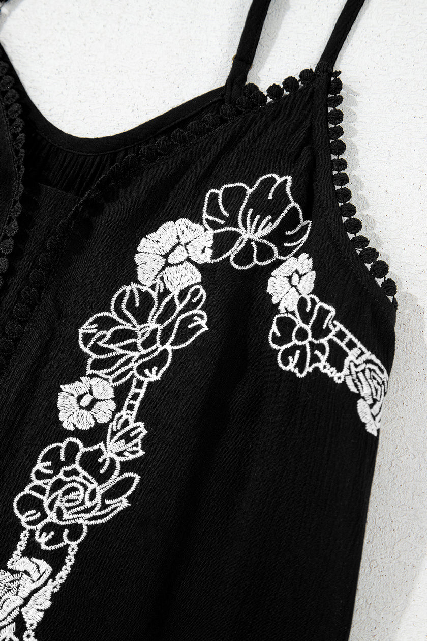 Black Floral Embroidery Ruffled Spaghetti Straps Tank Top