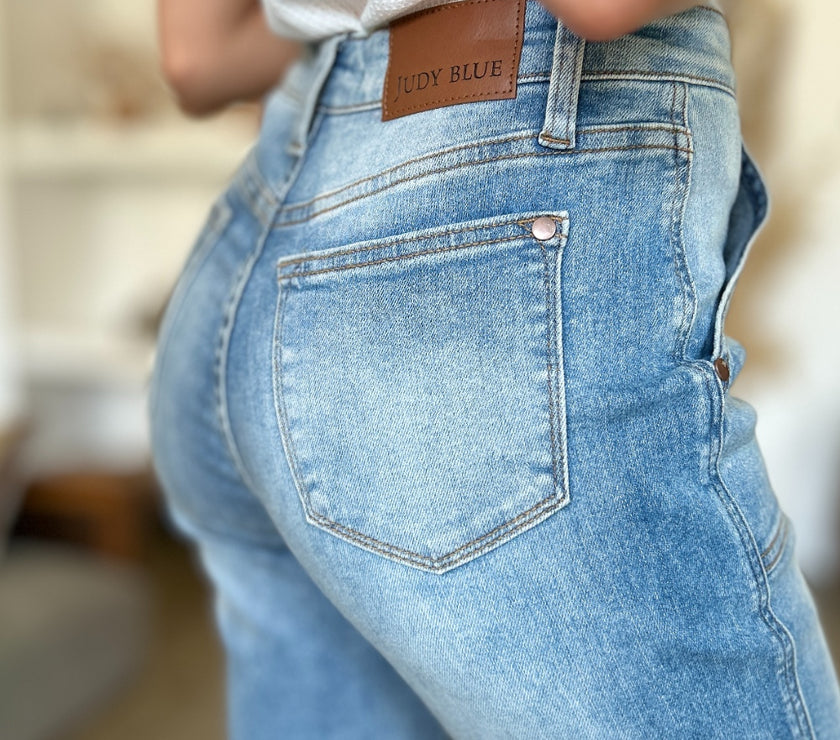 Judy Blue Full Size Distressed Straight Jeans with Patch Pockets