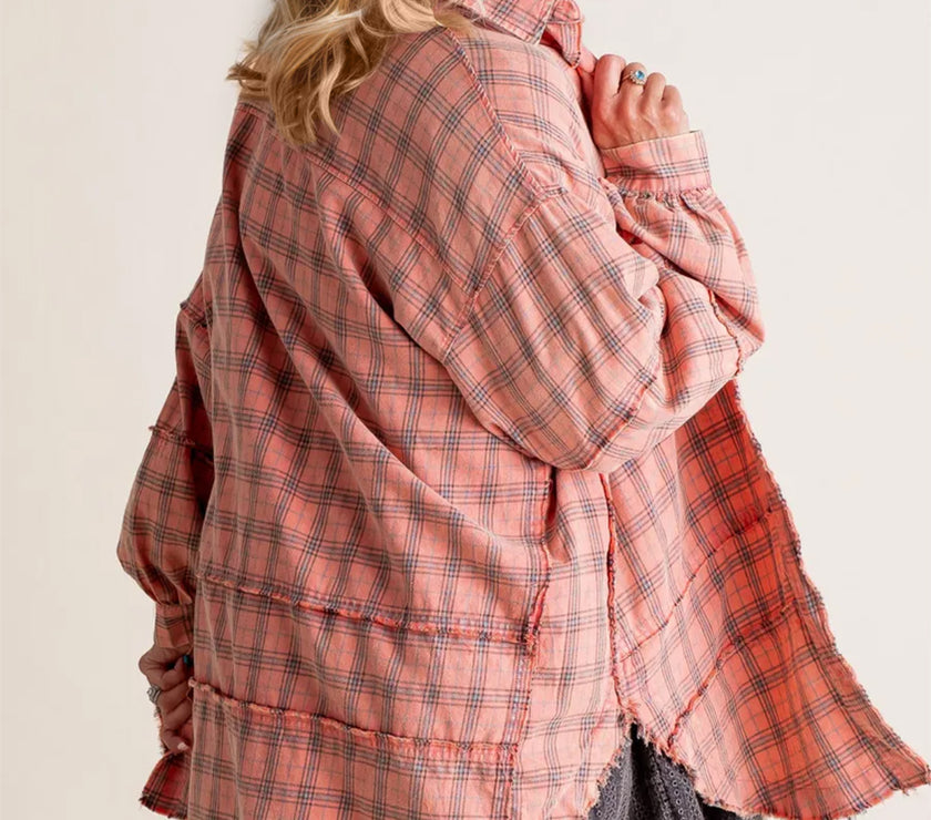 Exposed Seam Plaid Collared Neck Long Sleeve Shirt