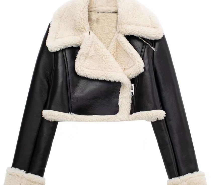 Collared Neck Long Sleeve Plush Cropped Jacket