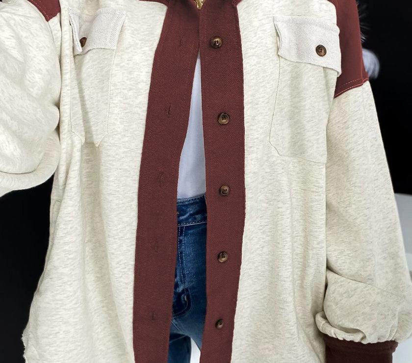 Pocketed Contrast Collared Neck Jacket