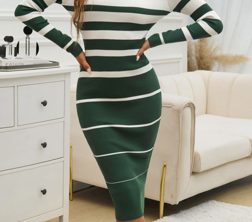 Devine Color Block Round Neck Long Sleeve Midi Dress
