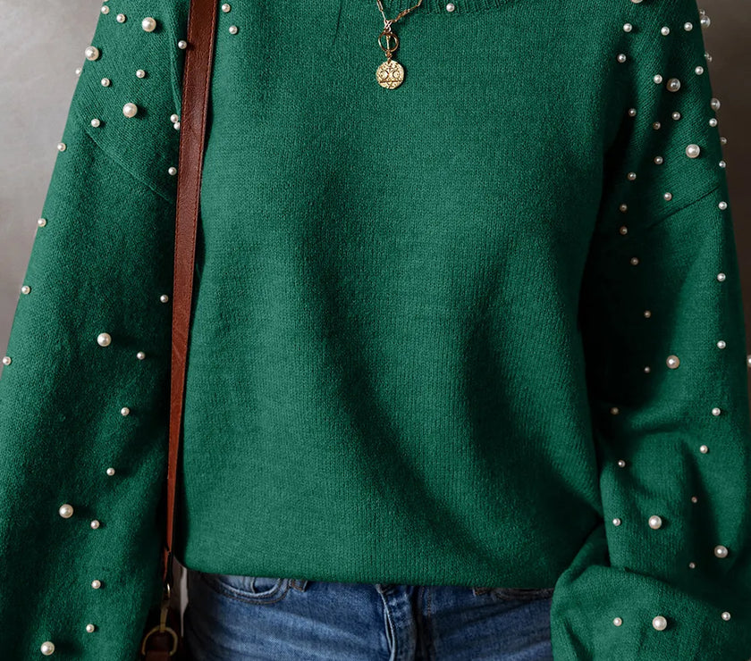 Pearl Detail Round Neck Long Sleeve Sweater