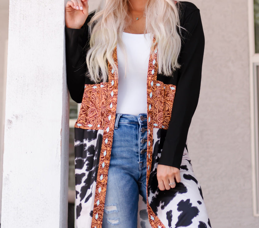Black Western Pattern Cow Patchwork Open Front Cardigan