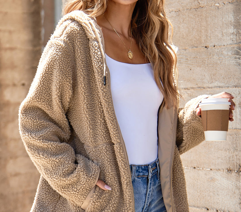 Drawstring Fleece Zip Up Hooded Jacket