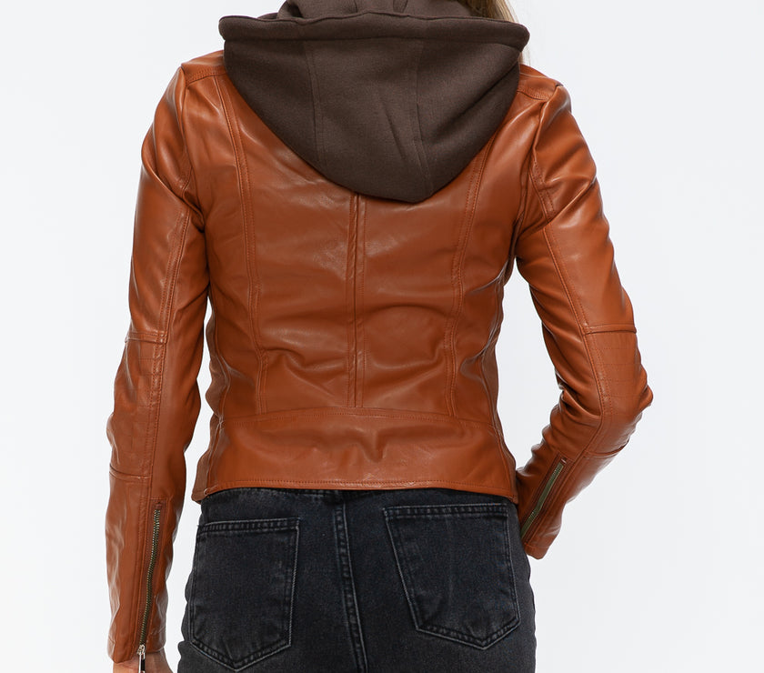Snobbish Faux Leather Zip Up Drawstring Hooded Jacket