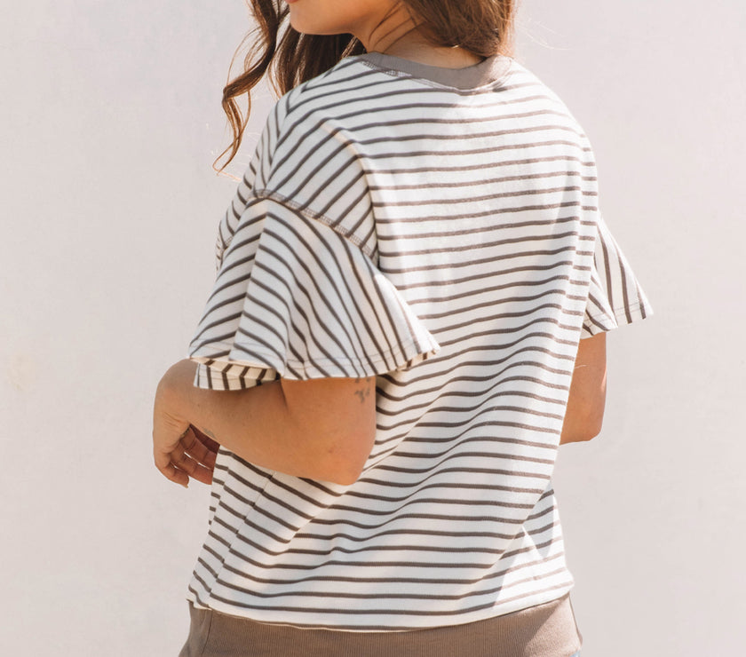 Parchment Contrast Detail Striped Ruffle Short Sleeve Top