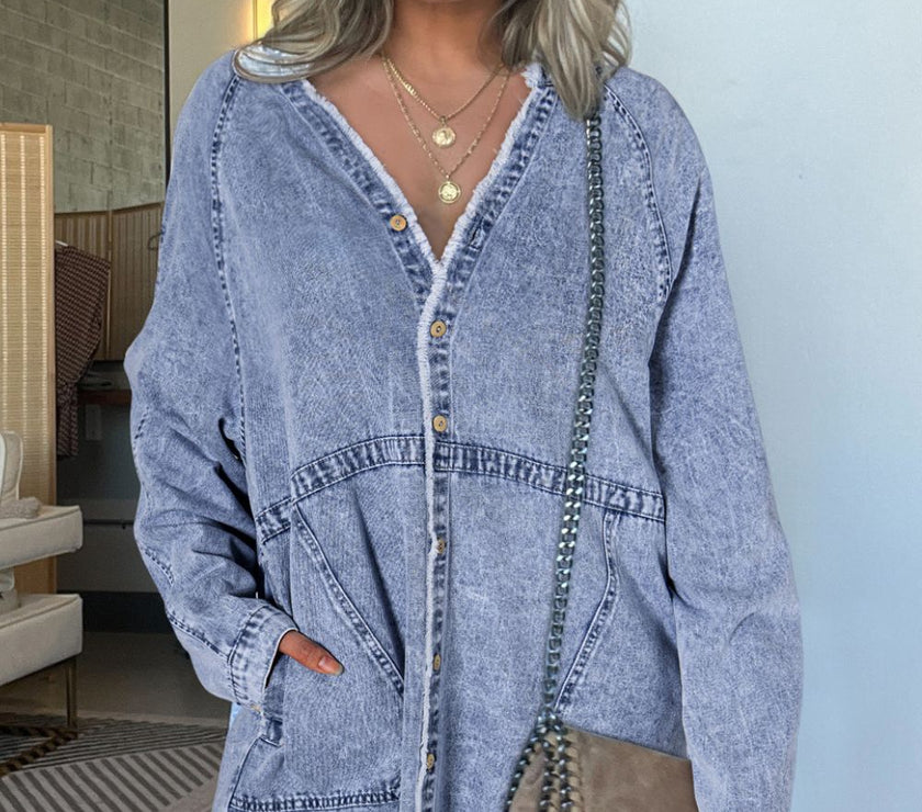 Raw Hem Button Down Long Sleeve Denim Dress
