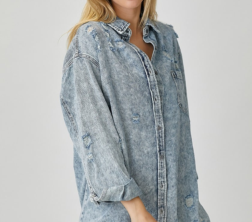 RISEN Distressed Raw Hem Denim Shirt
