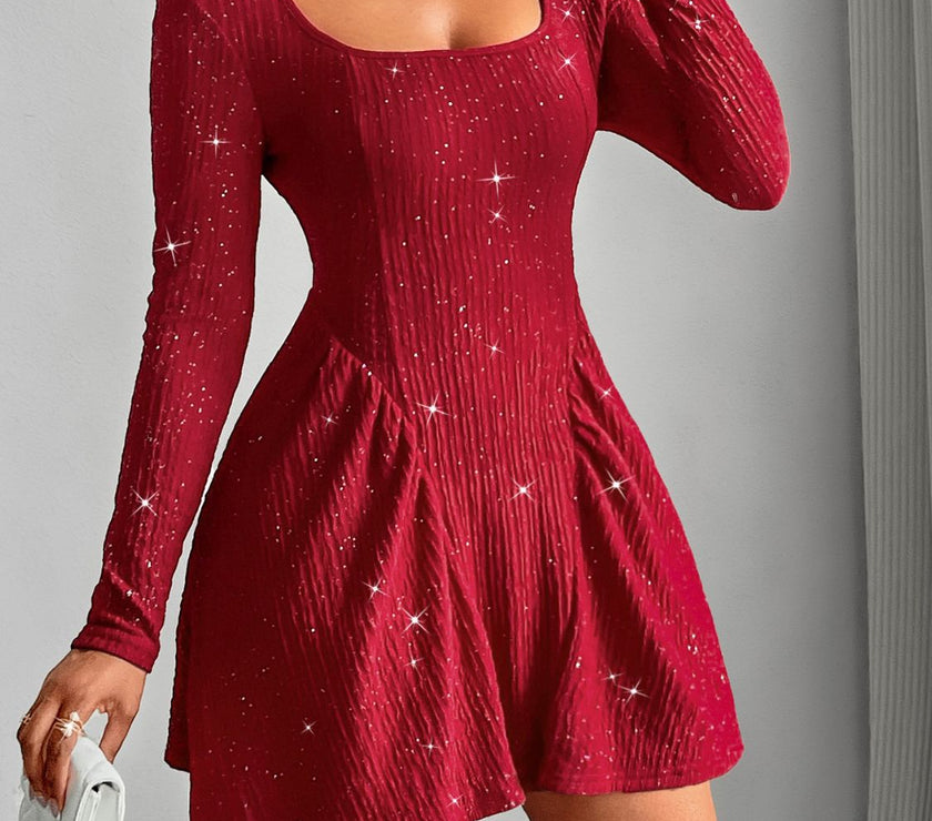 Backless Glitter Square Neck Long Sleeve Mini Dress