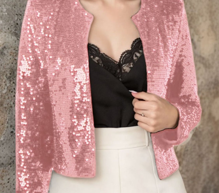 Full Size Sequin Open Front Cropped Jacket