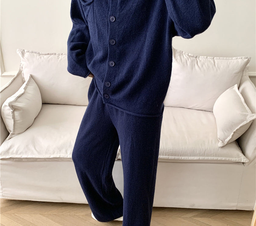 Pocketed Round Neck Button Up Cardigan and Pants Sweater Set