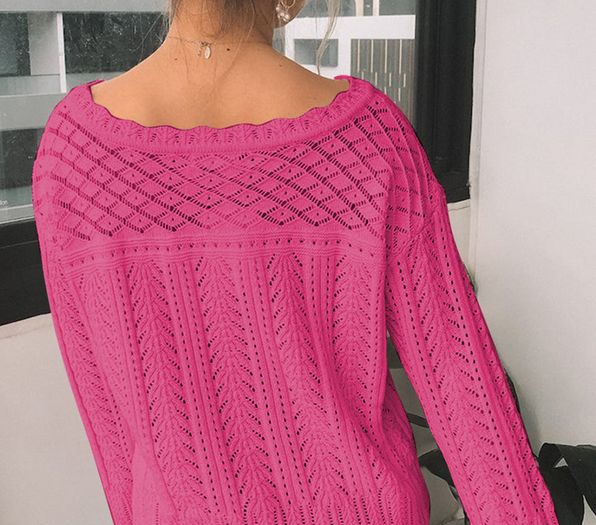 Openwork Round Neck Long Sleeve Knit Top