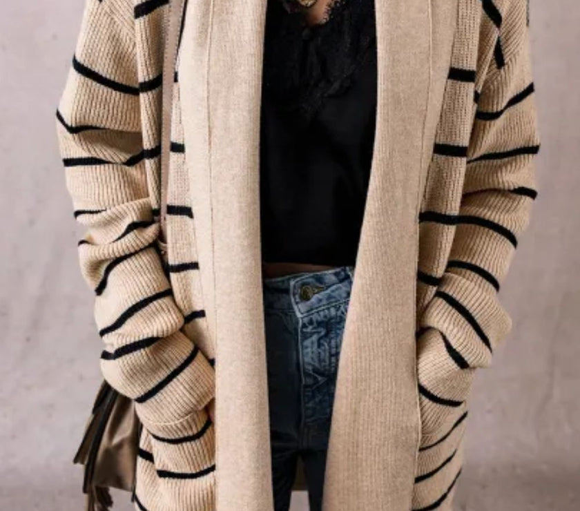 Striped Open Front Long Sleeve Cardigan
