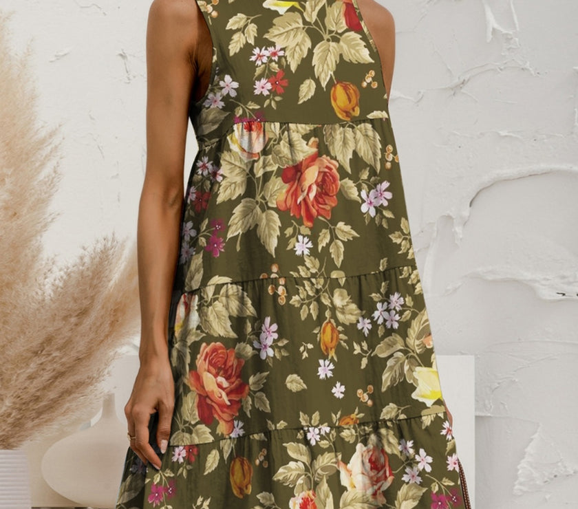 FAM-FAM Tiered Printed Round Neck Sleeveless Dress