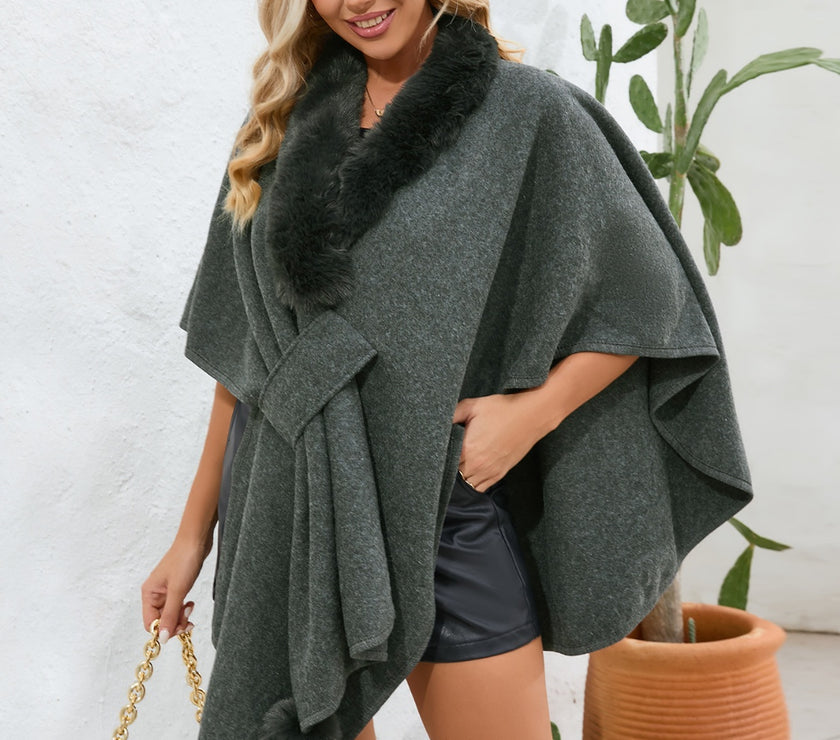 Fuzzy Trim Open Front Poncho